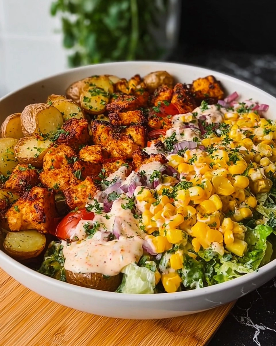 Kartoffel Hähnchen Bowl mit Mais Salat