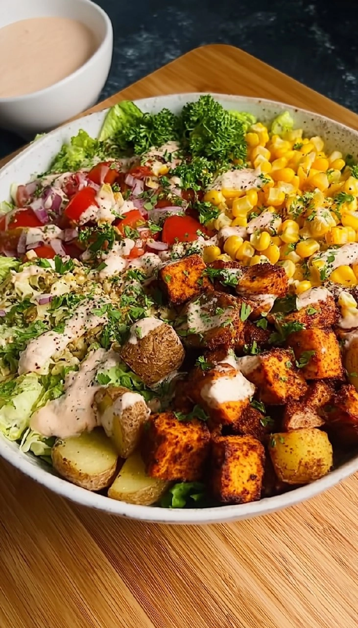 Kartoffel Hähnchen Bowl mit Mais Salat