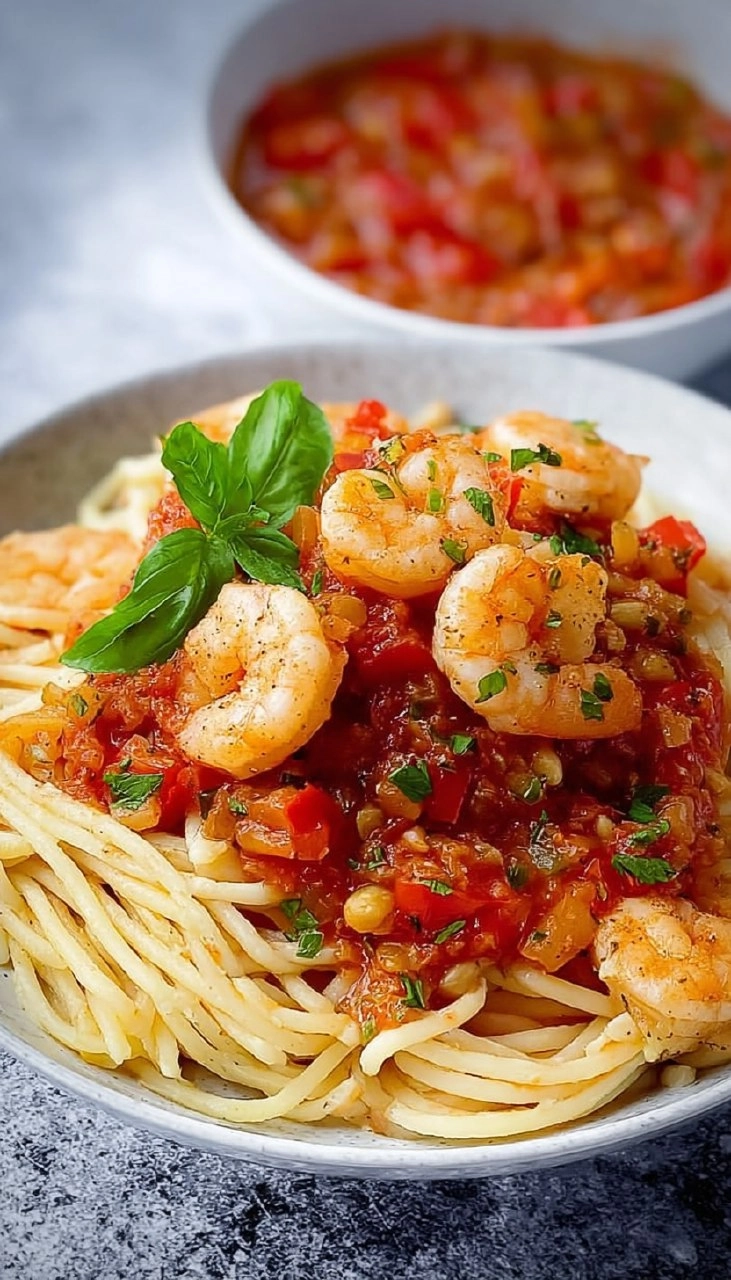 Knoblauch-Garnelen auf Spaghetti mit Tomatensauce