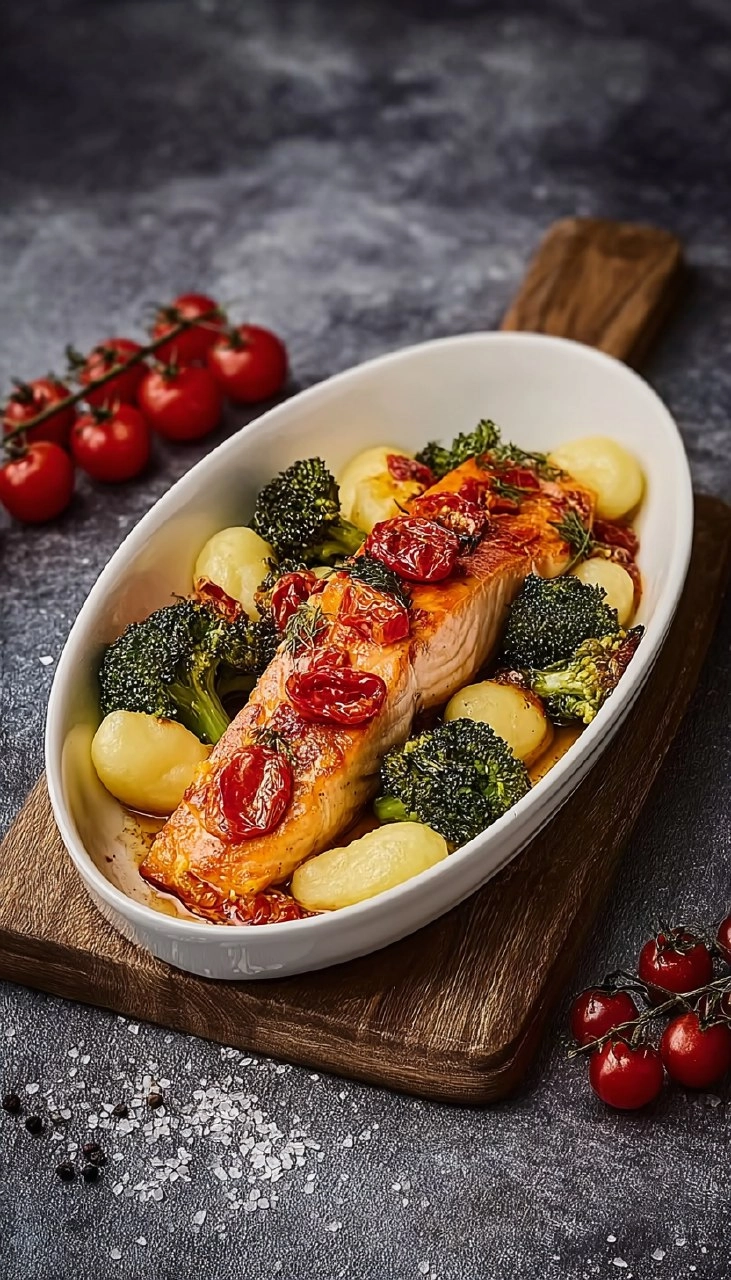 Lachs aus dem Airfryer mit Gnocchi, Brokkoli und Tomaten